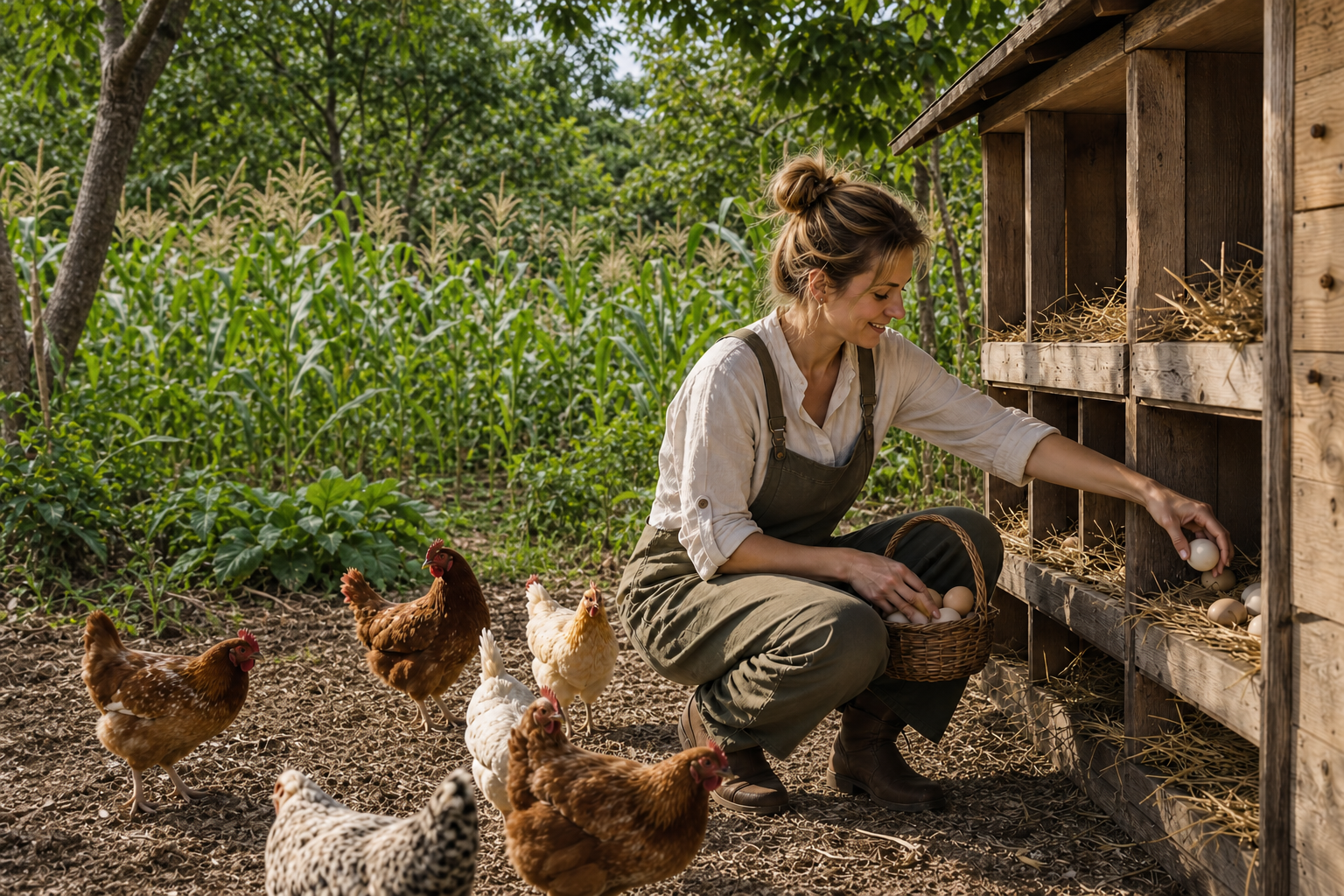 Woman collecting eggs near chickens at the farm